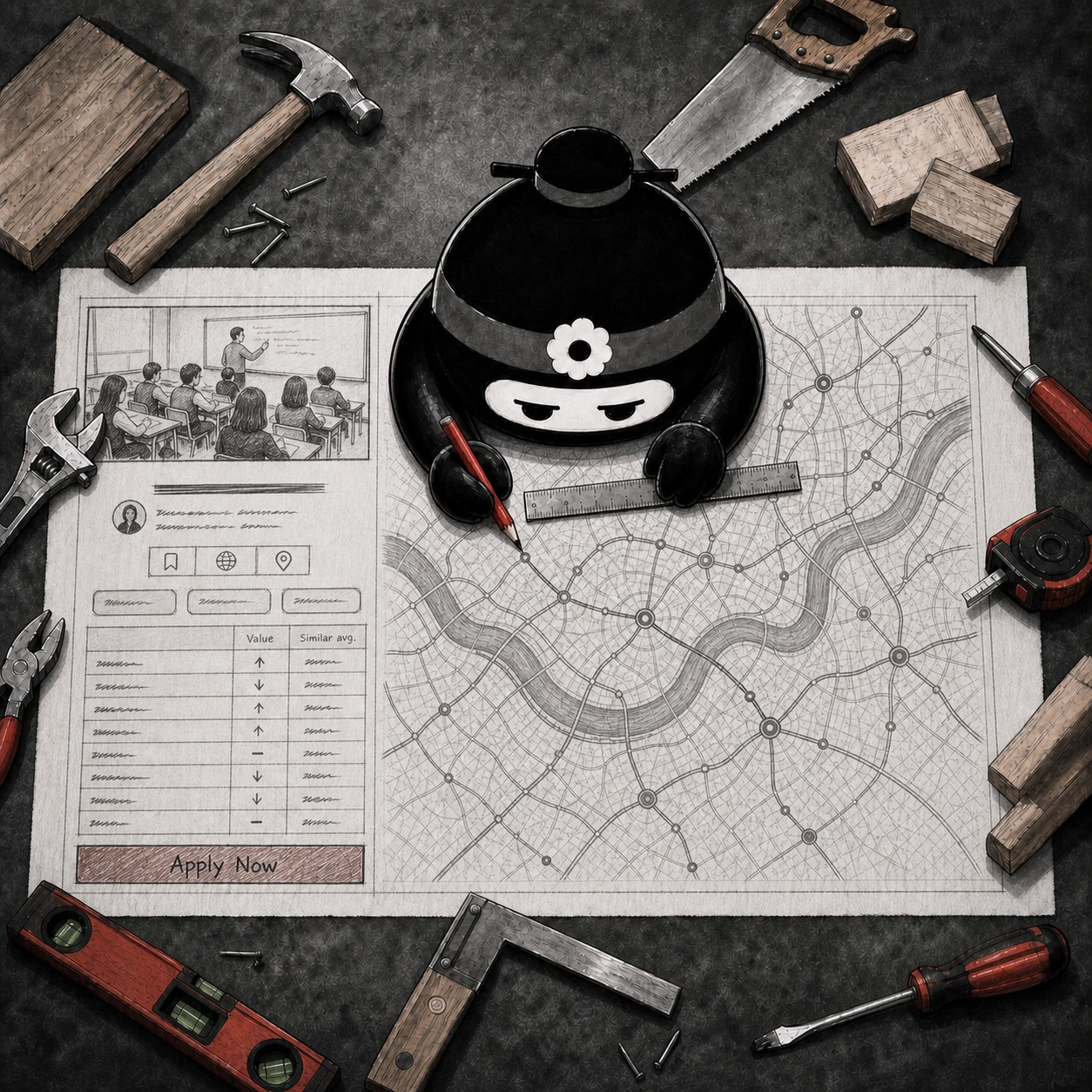 Dubu sketches the jobs map and open job-details sidebar on a blueprint surrounded by tools