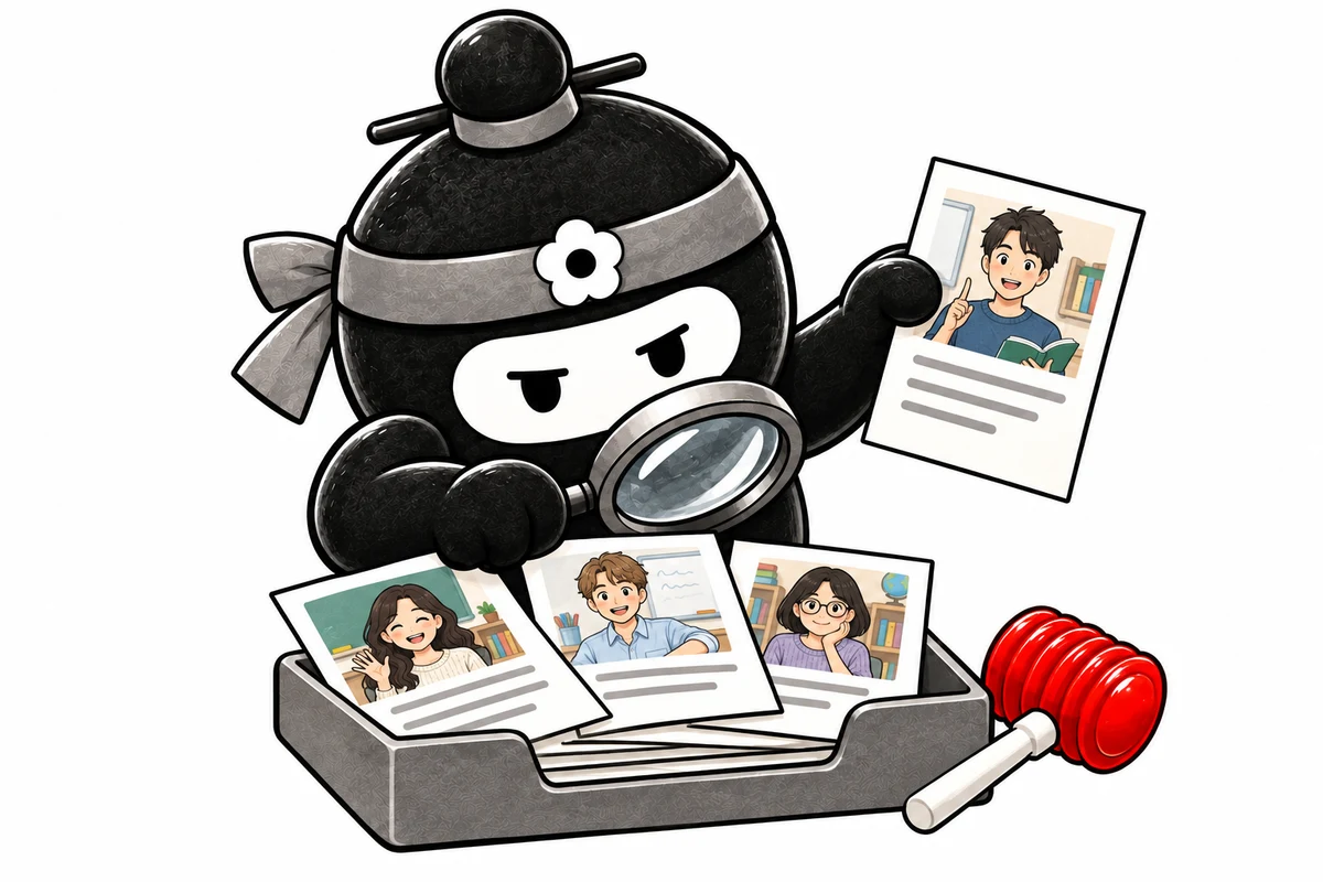 Dubu examines teacher profiles with a magnifying glass