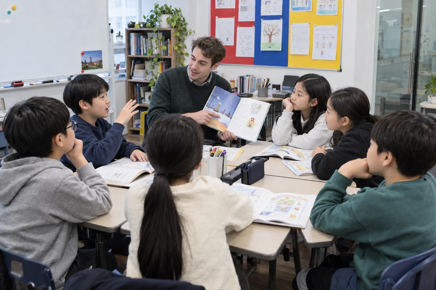 A teacher discusses an illustrated book with six elementary students around classroom desks.
