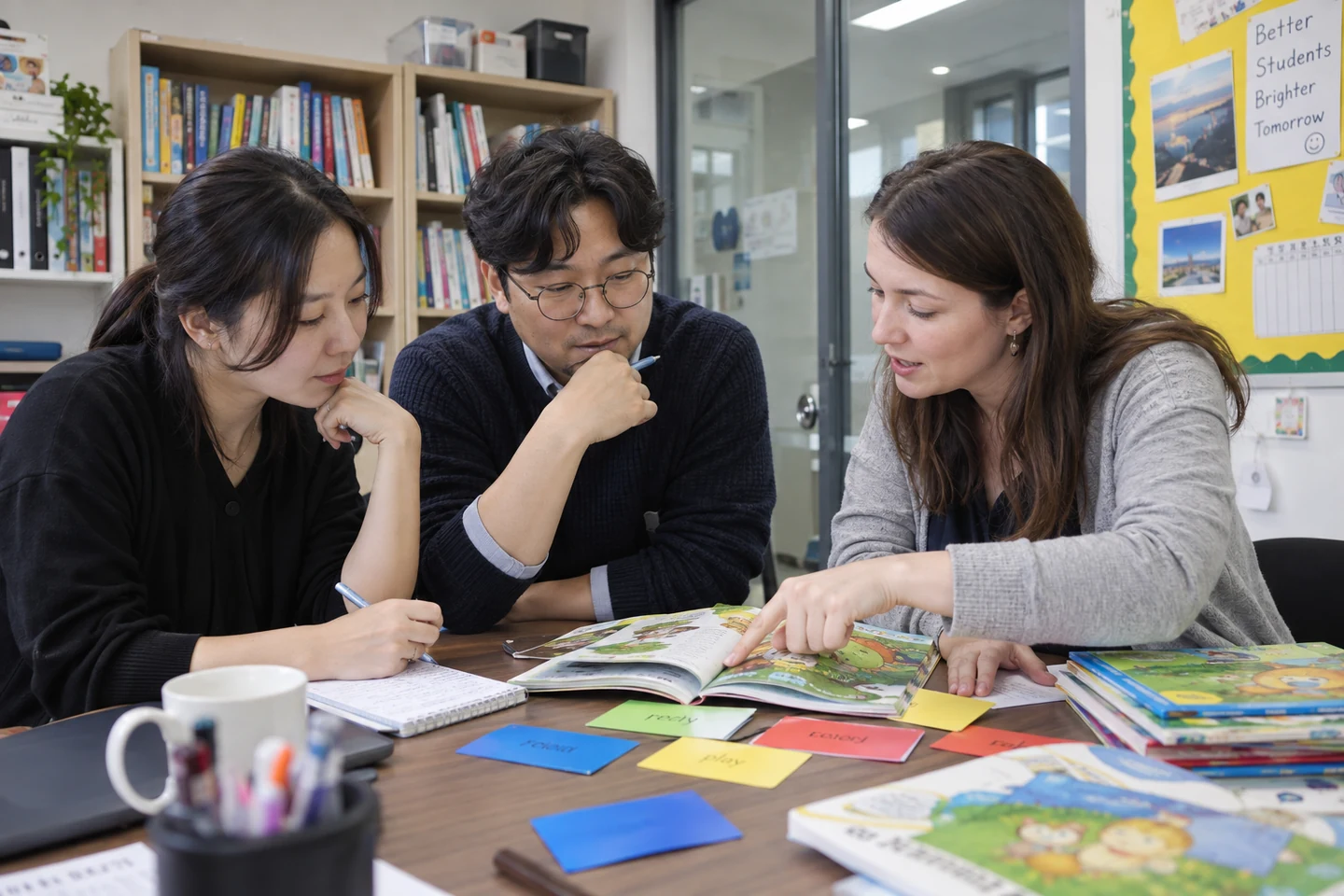 Three teachers plan a lesson together using illustrated books, notes and vocabulary cards.